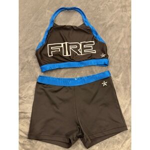 Varsity Fire Cheer Uniform Set Black Blue Sports Bra & Shorts Youth Size AM